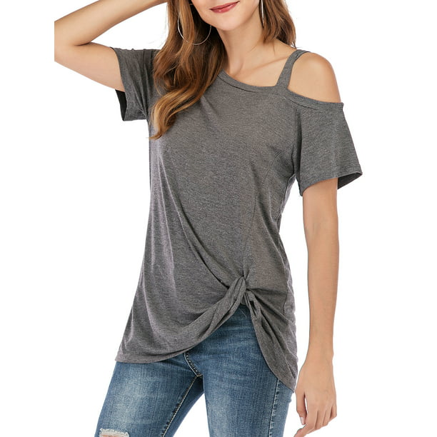Summer Soft Loose Casual Womens Tops Shirts Fashion Twist Knotted Blouses Short Sleeve Round Neck Tunic T 
